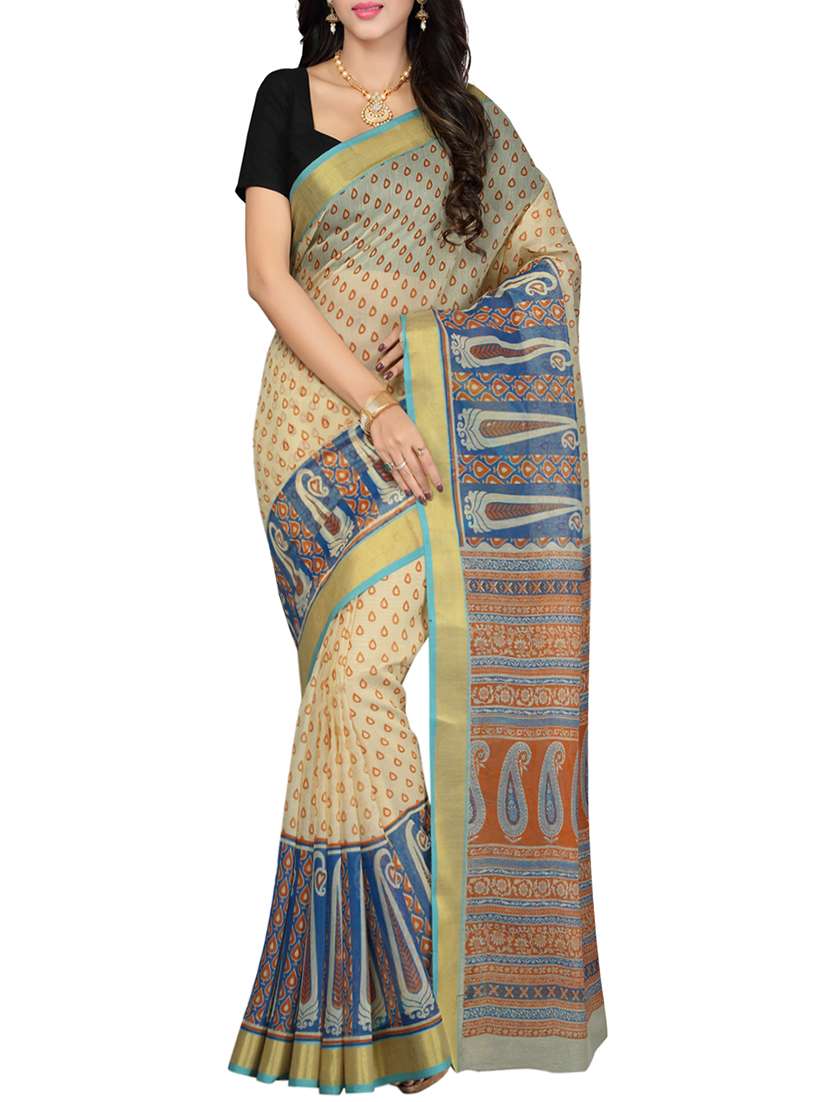 beige color cotton printed saree with blouse