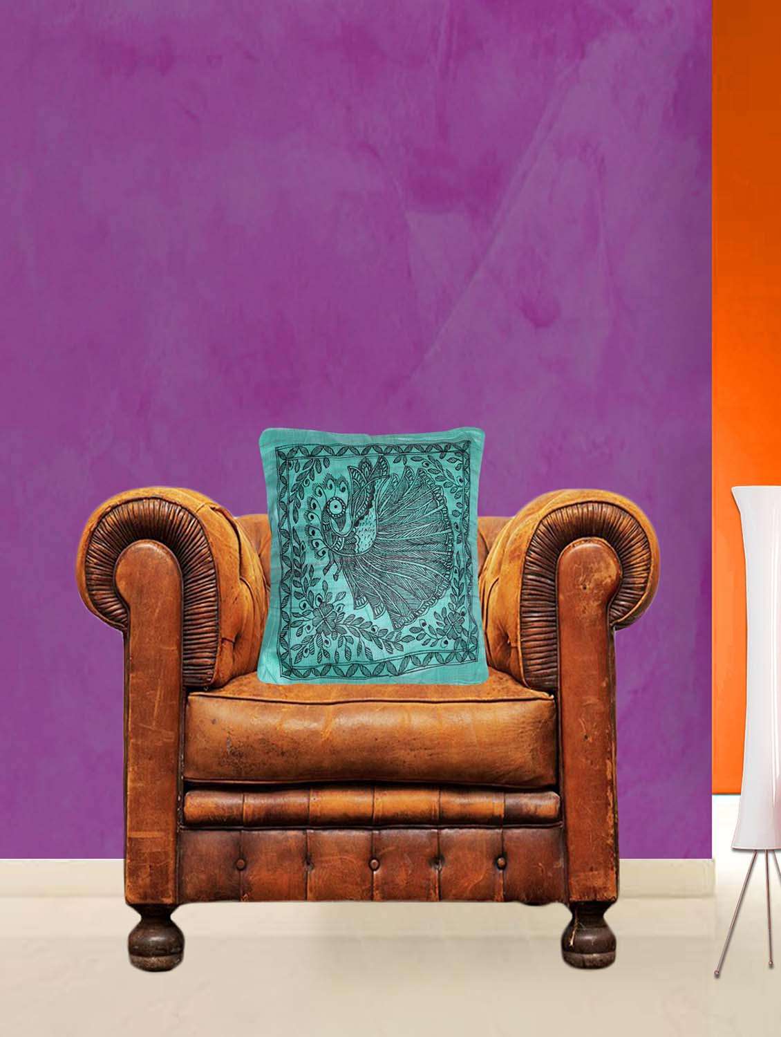 green  silk printed single cushion cover