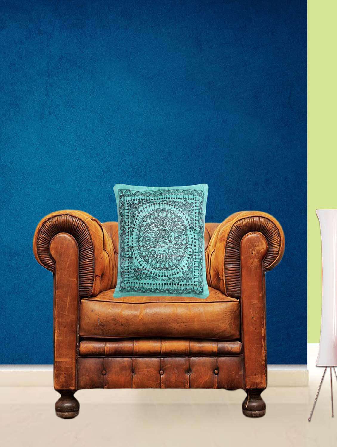 green silk printed single cushion cover