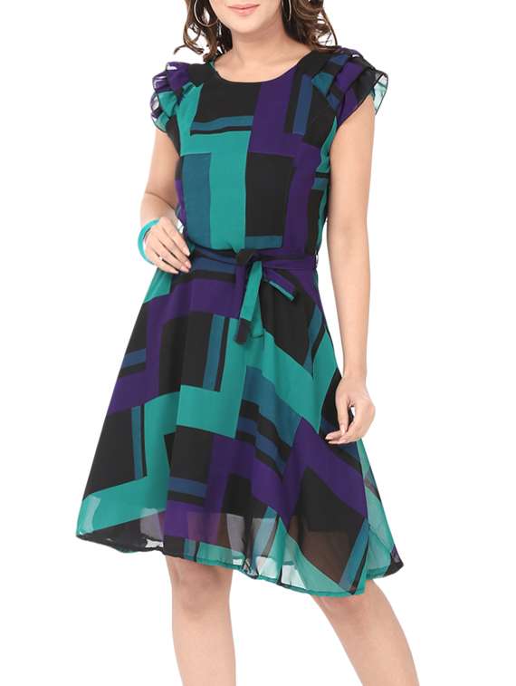 geometric front tie belted layered cap sleeves dress