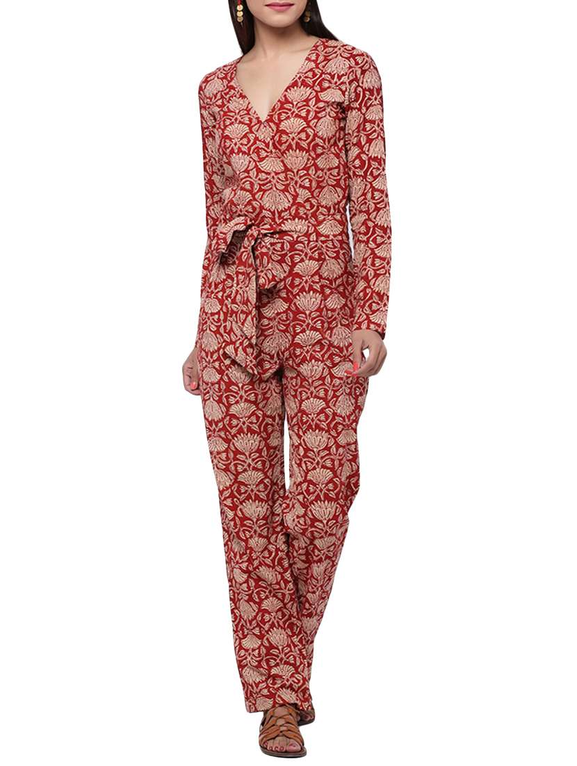red cotton full leg  jumpsuit