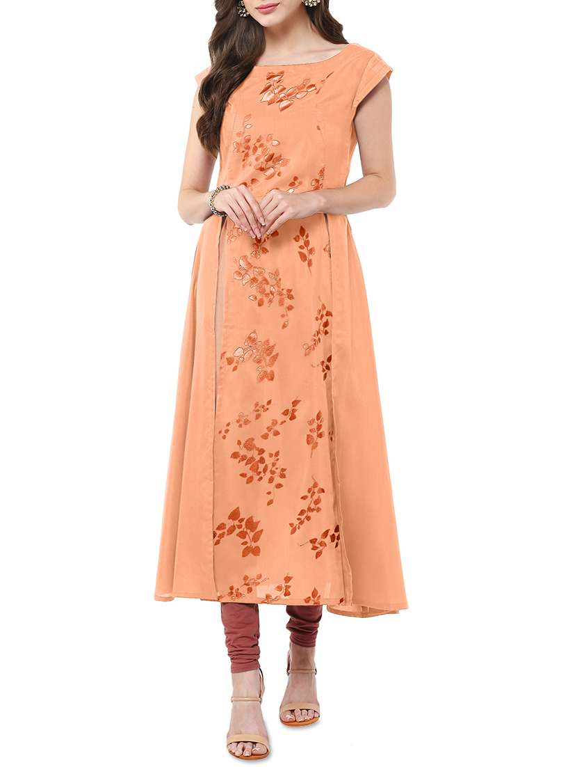 orange crepe printed high slit kurta