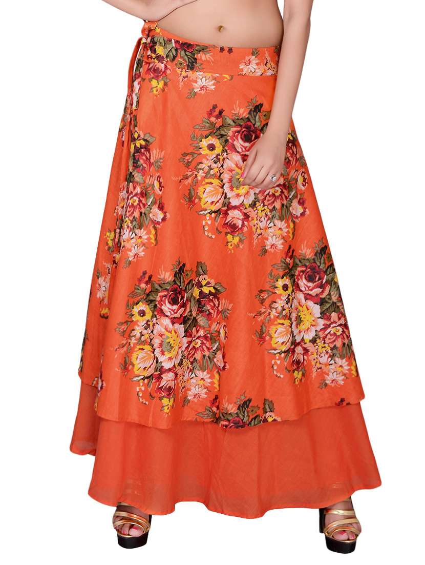 orange floral printed cotton wrap skirt