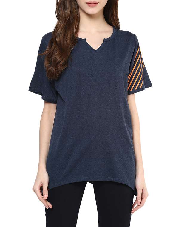 navy blue striped cotton regular tee