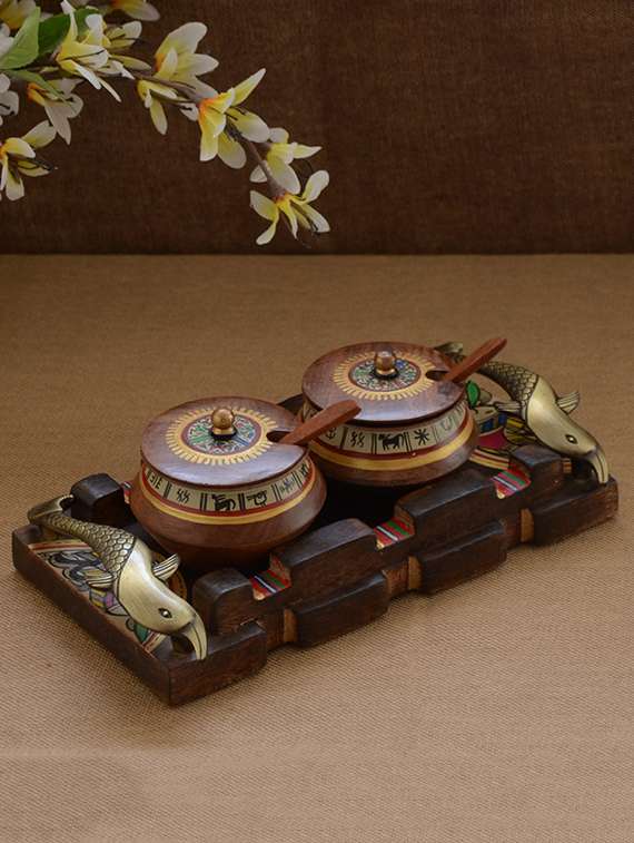 brown wooden hand painted handi set 