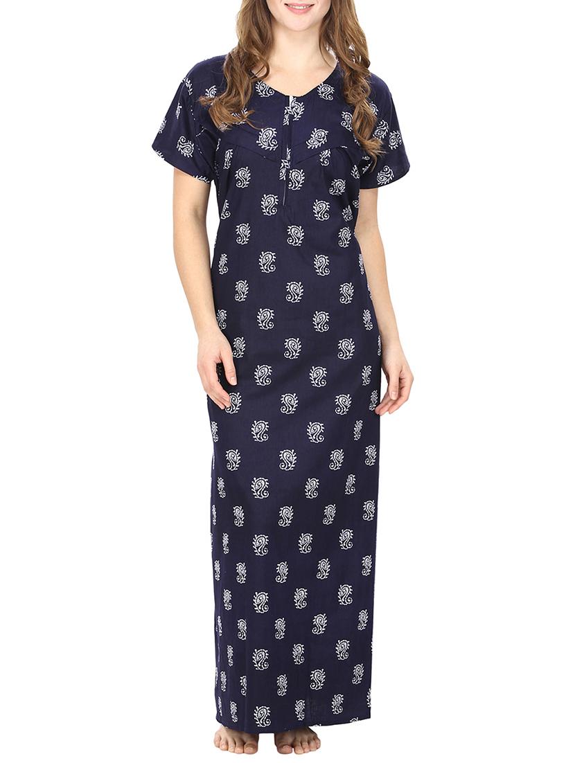 navy blue printed cotton gown - 12929136 - Zoom Image - 0