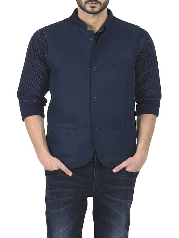 navy blue linen nehru jacket
