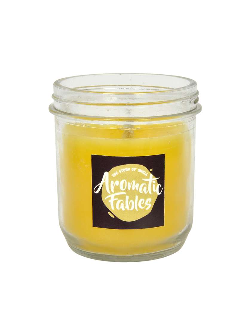 first row aromatic fables 14oz bosco pond fragrance soy wax decorative gifting yellow color big glass jar candle