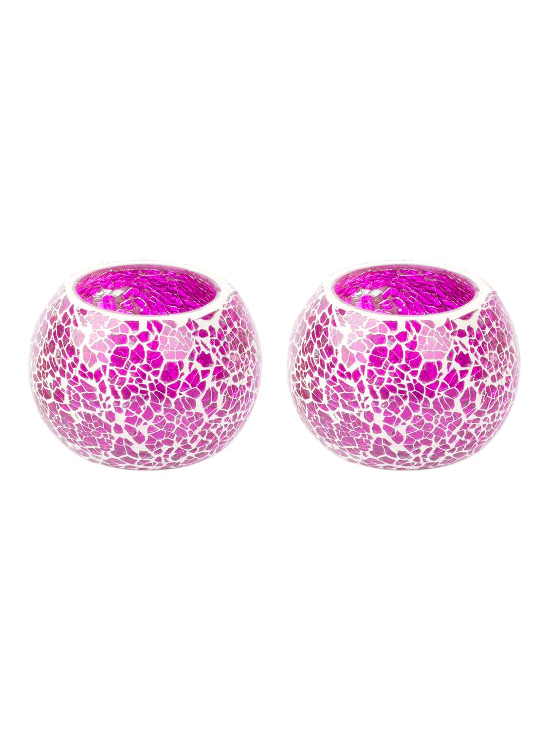 brown village pink color cracked glass bowl t-light (set of 2)