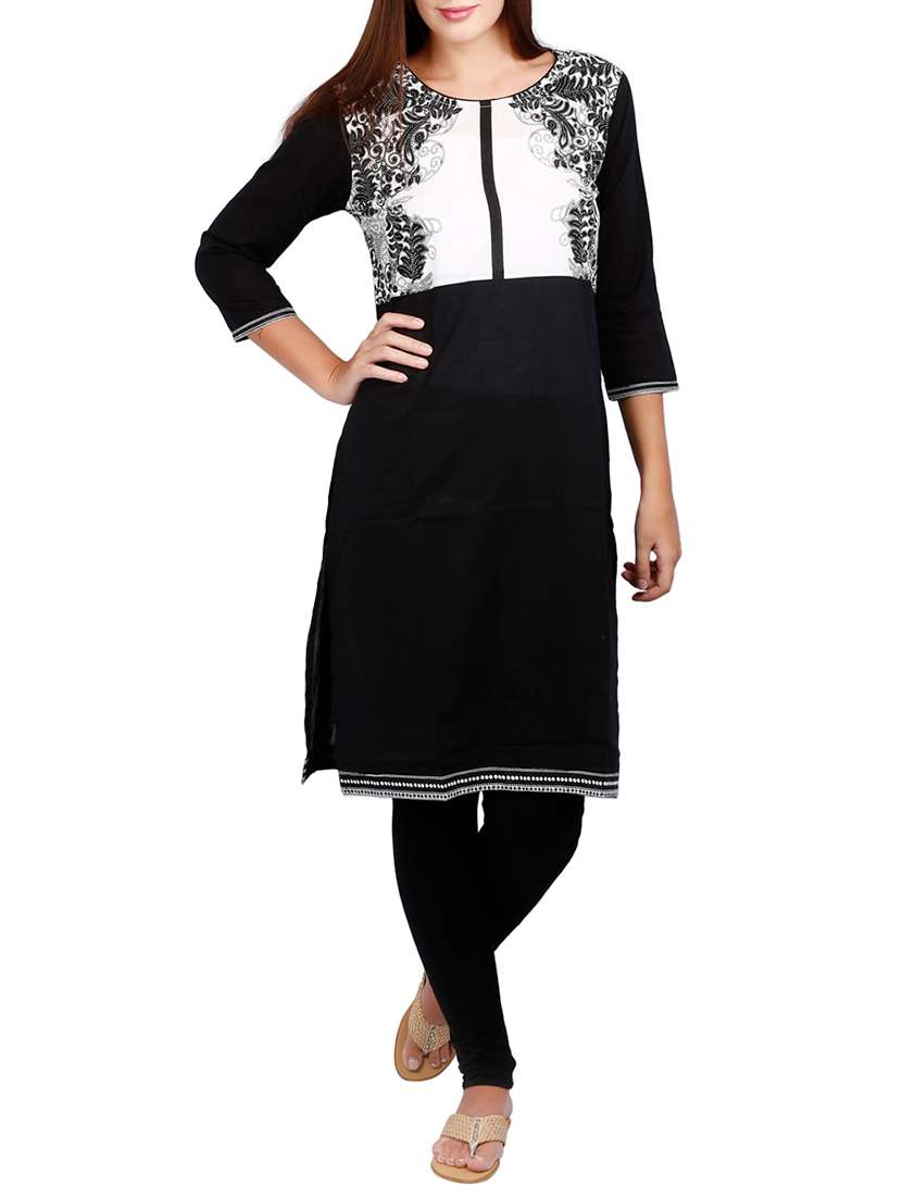 black cotton printed straight kurta