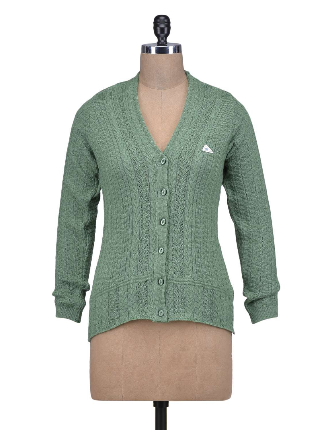 Buy online Sap Green V- Neck Woolen Cardigan from winter wear for