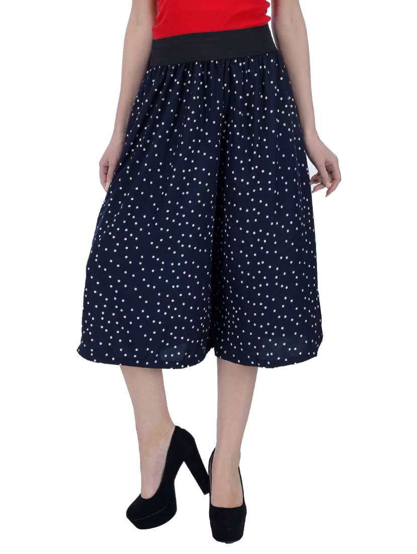 navy blue polka dots printed crepe culottes