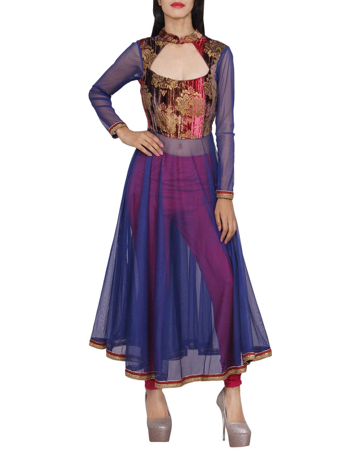 blue net flared kurta