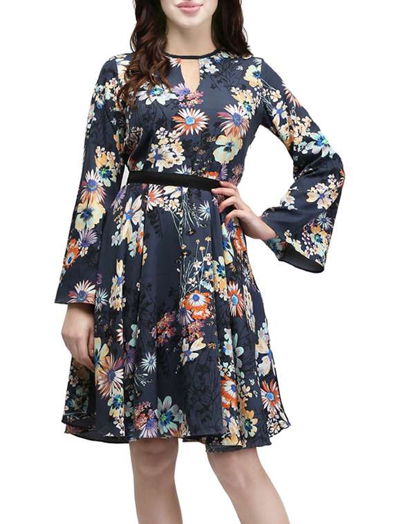 grey floral printed crepe fit & flare dress