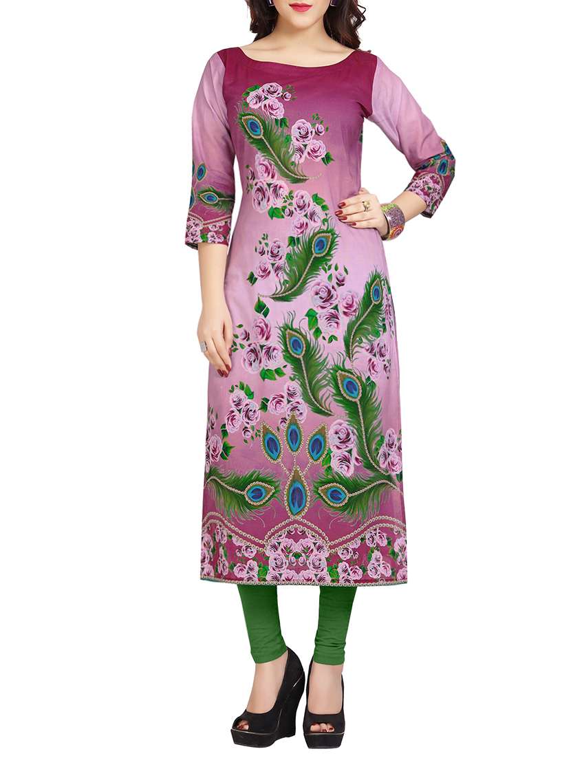 Pink cotton printed long kurta