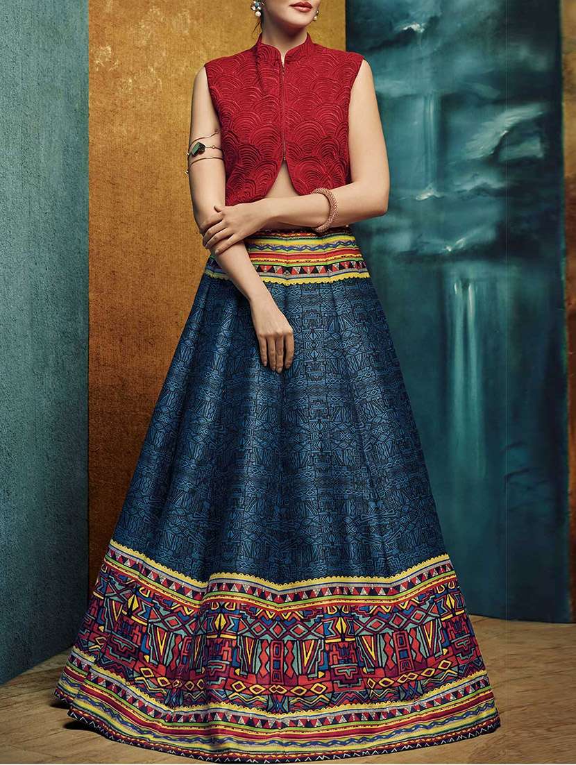 blue banglori silk printed a-line lehenga