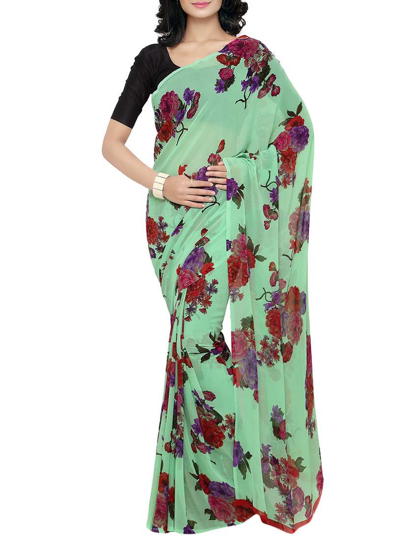 green georgette printed saree with blouse