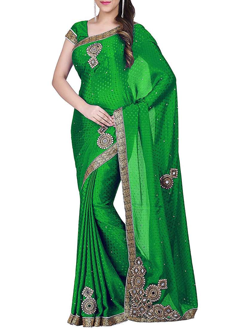 green georgette embroidered saree