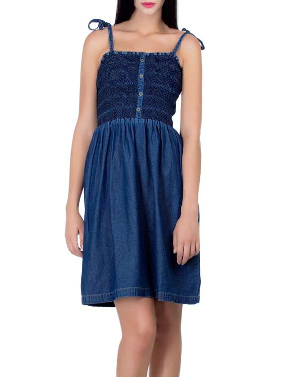 dark blue denim fit & flare dress
