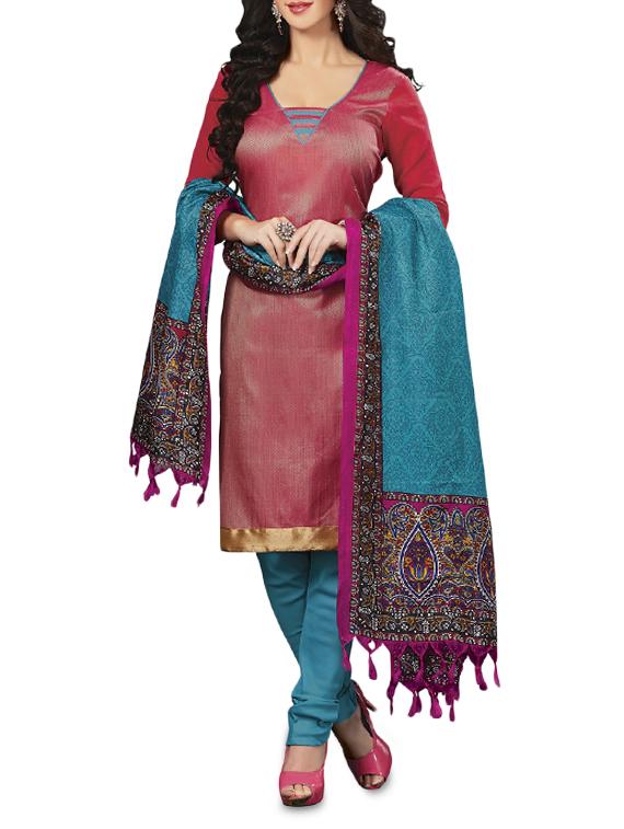 red printed jute silk unstitched suit set - 1297179 -  Zoom Image - 0