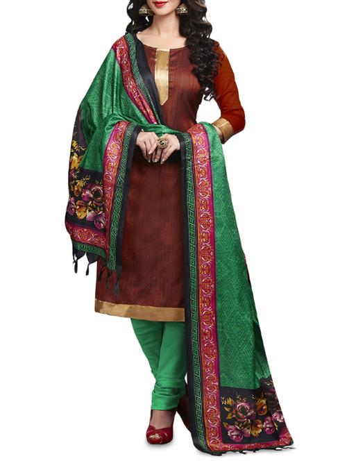 brown printed jutth silk unstitched suit set - 1297185 -  Standard Image - 0