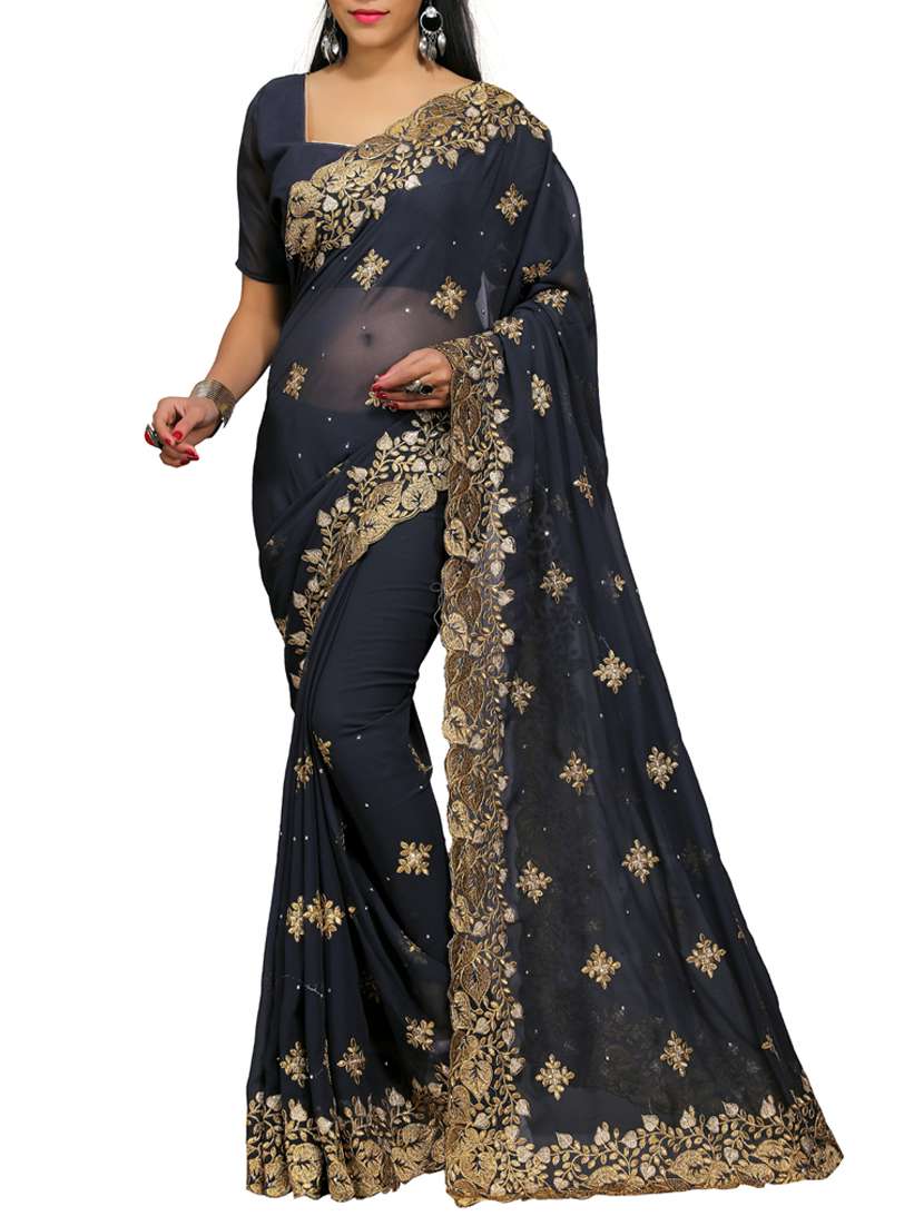 grey  georgette embroidered saree with blouse