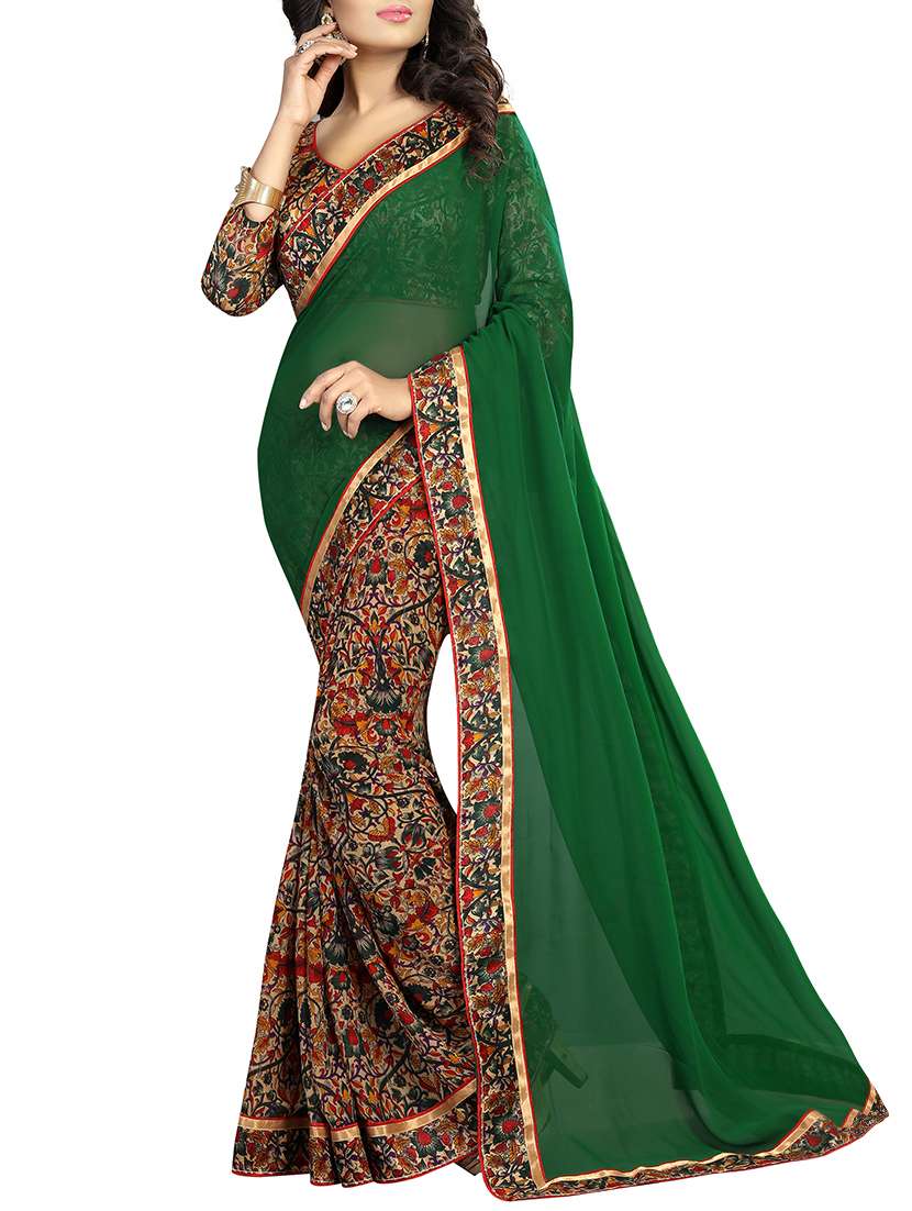 green georgette printed half and half saree with blouse