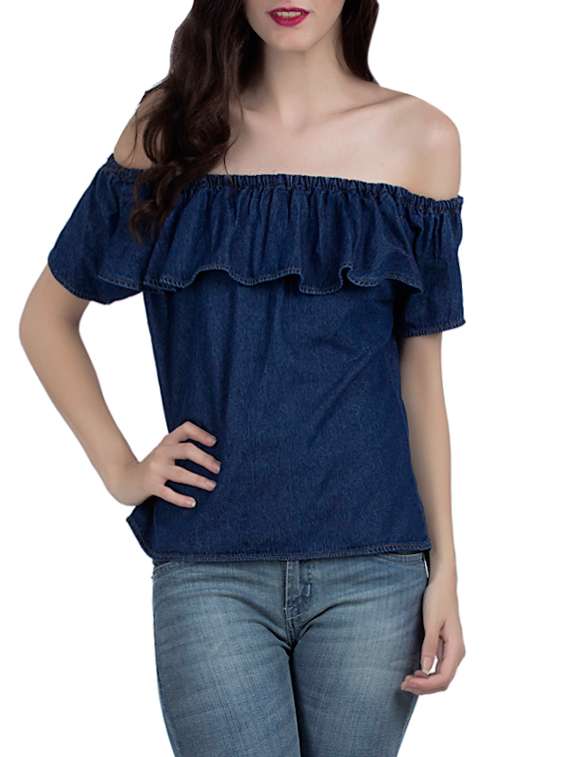 dark blue denim off shoulder ruffle top