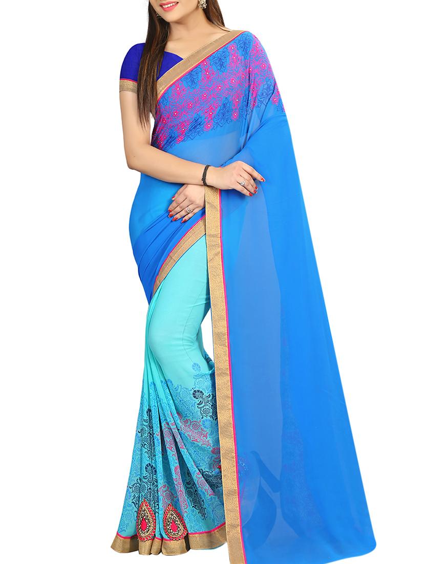 blue georgette half & half saree - 12978814 - Zoom Image - 0