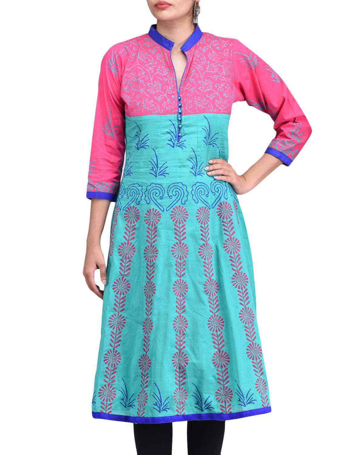 blue cotton block printed anarkali kurta