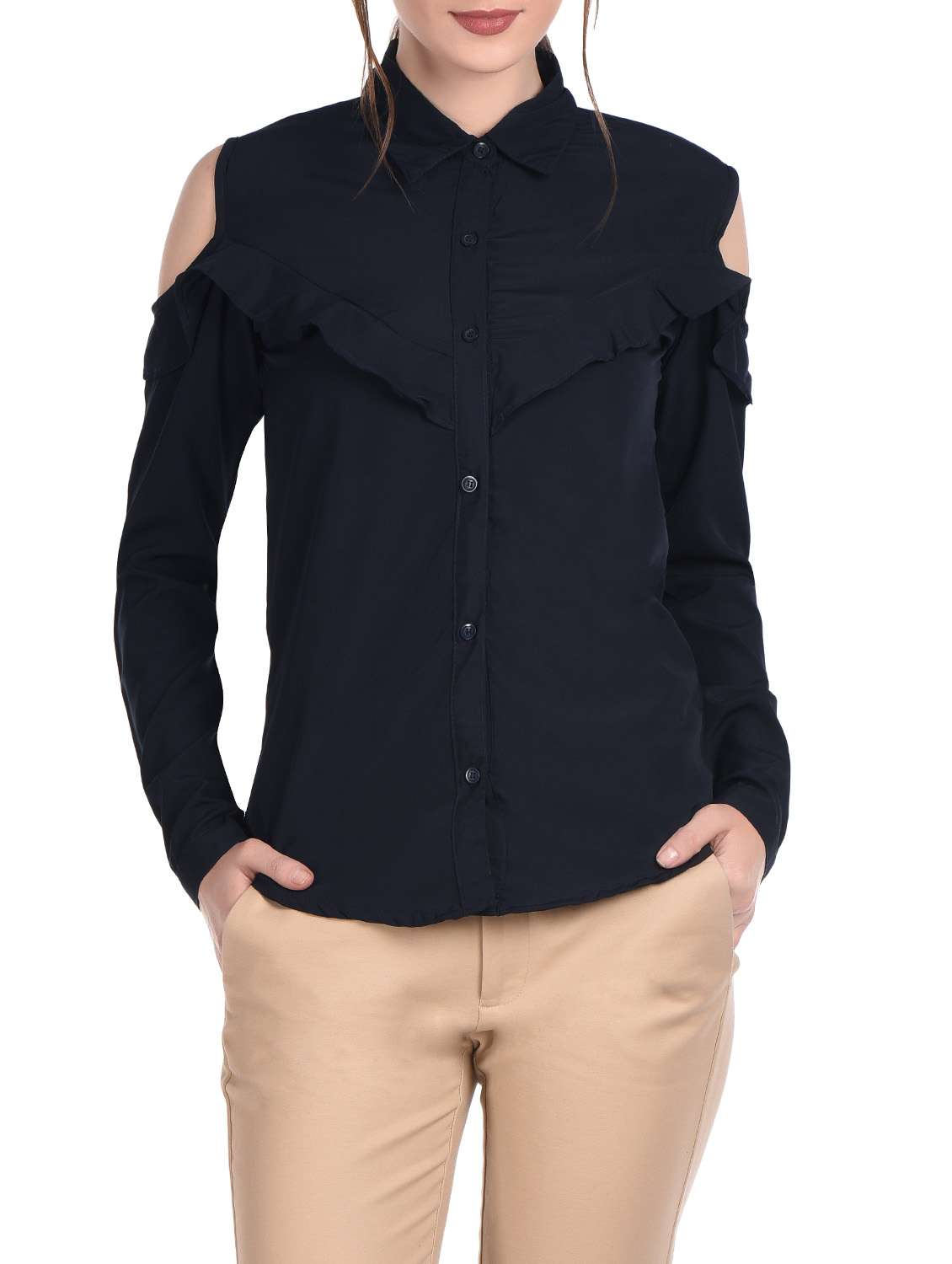 navy blue cold shoulder ruffle shirt