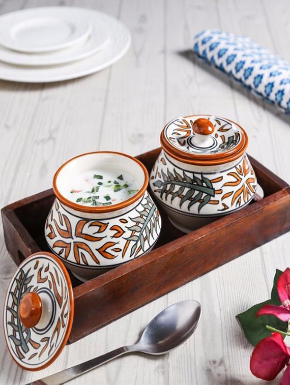 unravel india ceramic handi set (set of 2) with wooden base tray - 12997654 -  Zoom Image - 0
