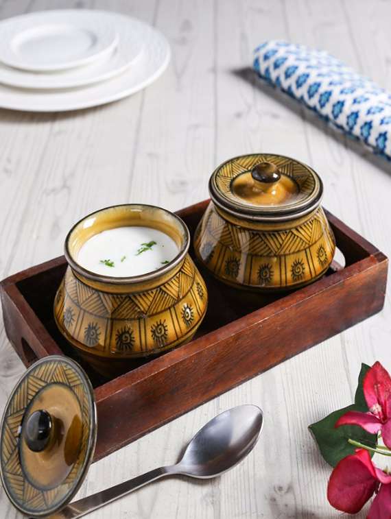 unravel india ceramic handi set (set of 2) with wooden base tray - 12997655 - Zoom Image - 0