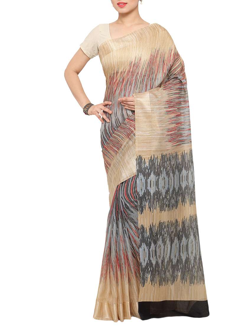 beige cotton blend printed saree with blouse