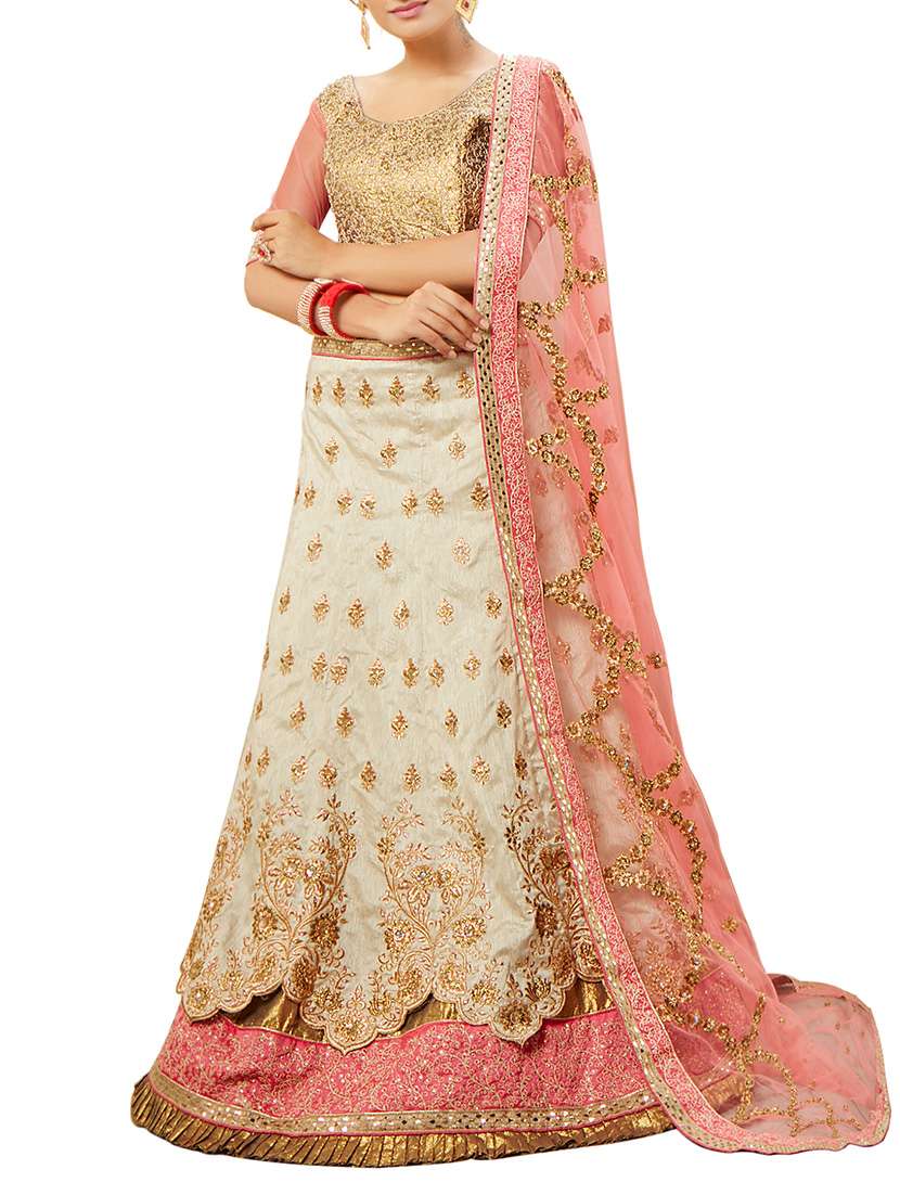 beige silk embroidered a-line lehenga
