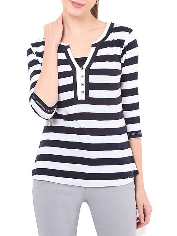 women's striped notch neck t-shirt