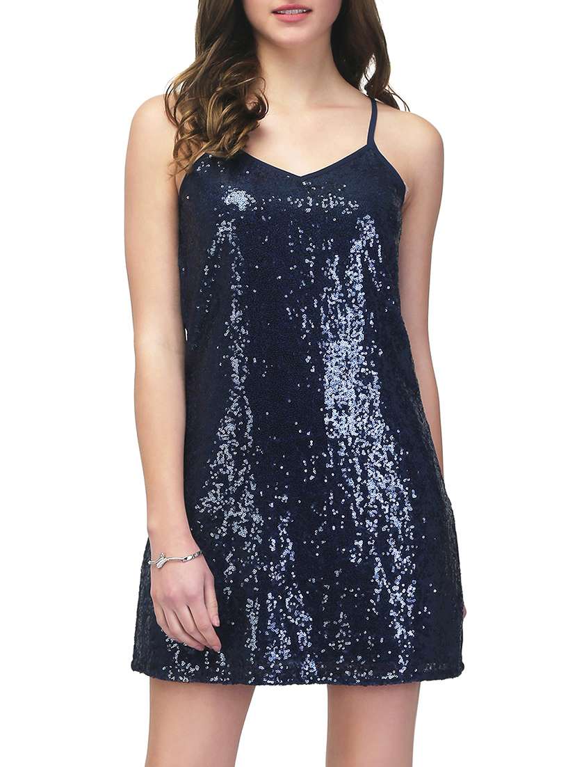 navy blue georgette sequin shift dress