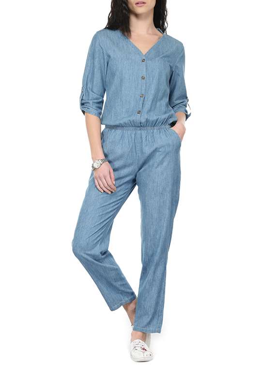 blue denim full leg jumpsuit