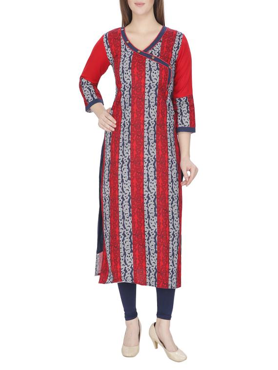 red cotton printed straight kurta - 13024901 - Zoom Image - 0