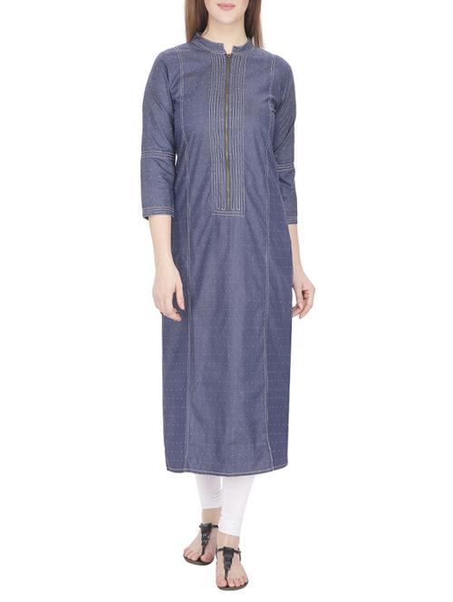 blue denim embroidered long kurta - 13024903 - Standard Image - 0