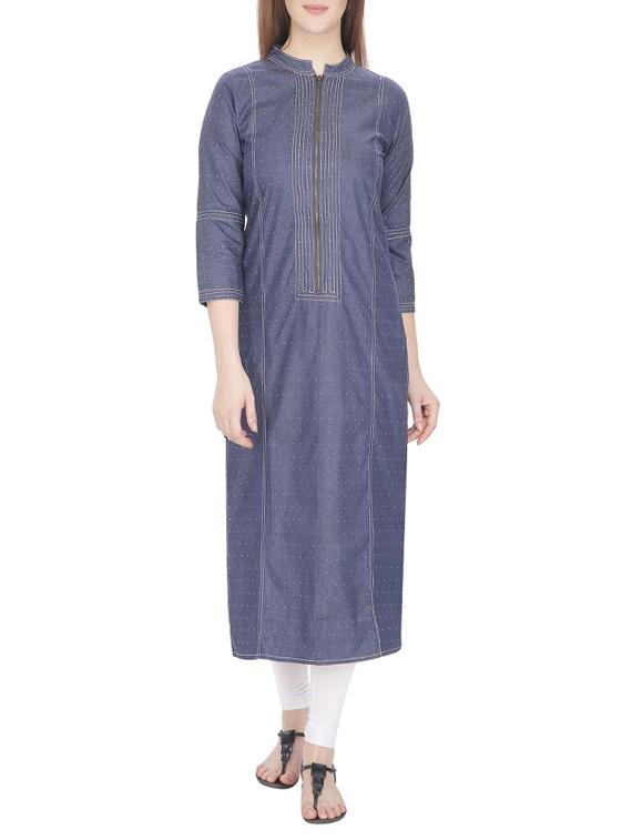 blue denim embroidered long kurta - 13024903 - Zoom Image - 0