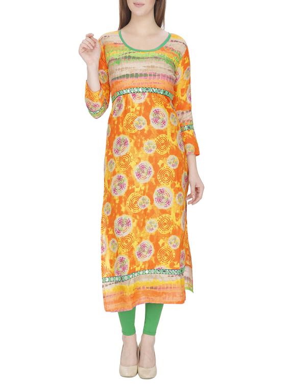 orange cotton printed long kurta - 13024931 -  Zoom Image - 0