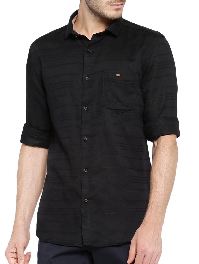 solid black cotton striped casual shirt - 13027094 -  Zoom Image - 0