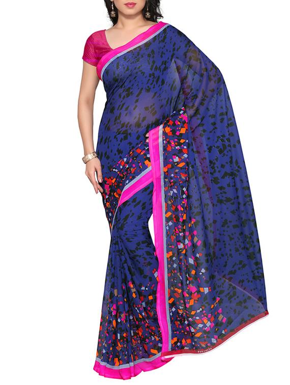 blue georgette printed saree with blouse - 13032380 - Zoom Image - 0