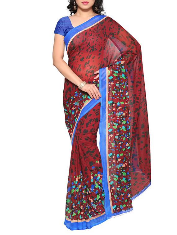 maroon georgette printed saree with blouse - 13032383 - Zoom Image - 0