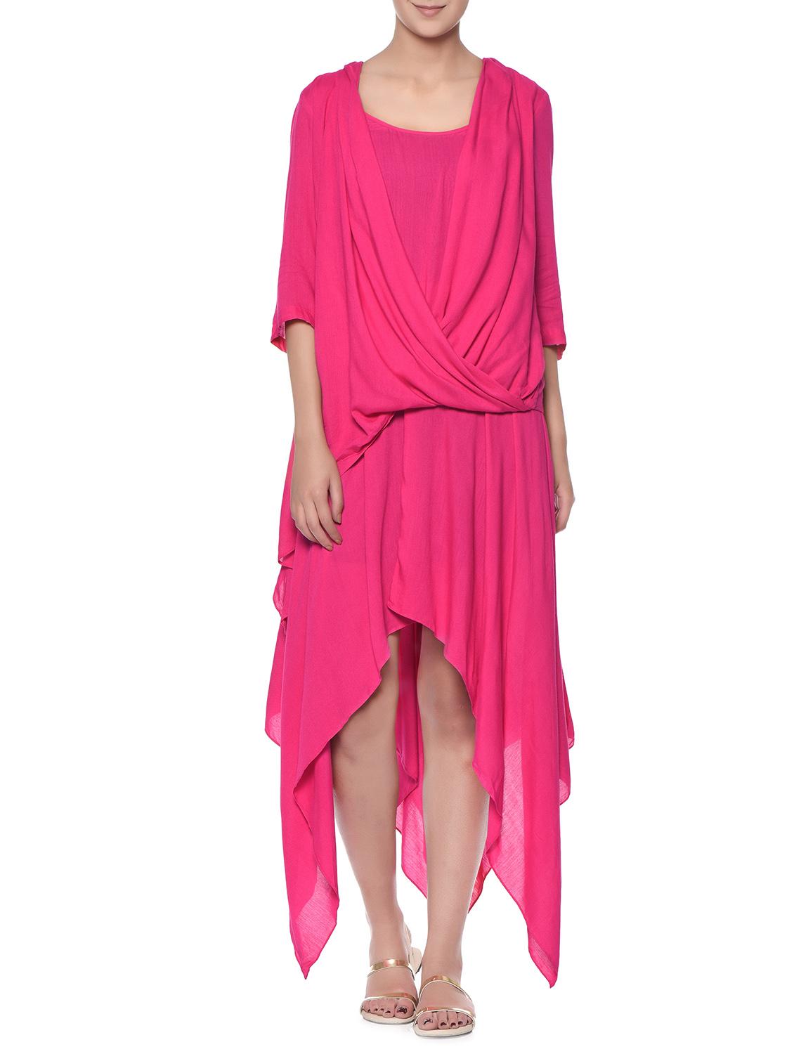 solid fuchsia rayon asymmetrical top and skirt set