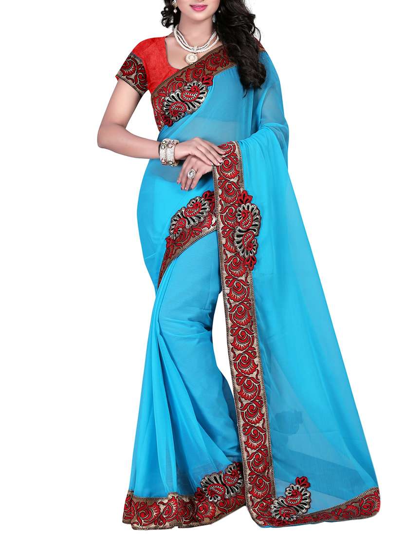 sky blue georgette bordered saree with blouse