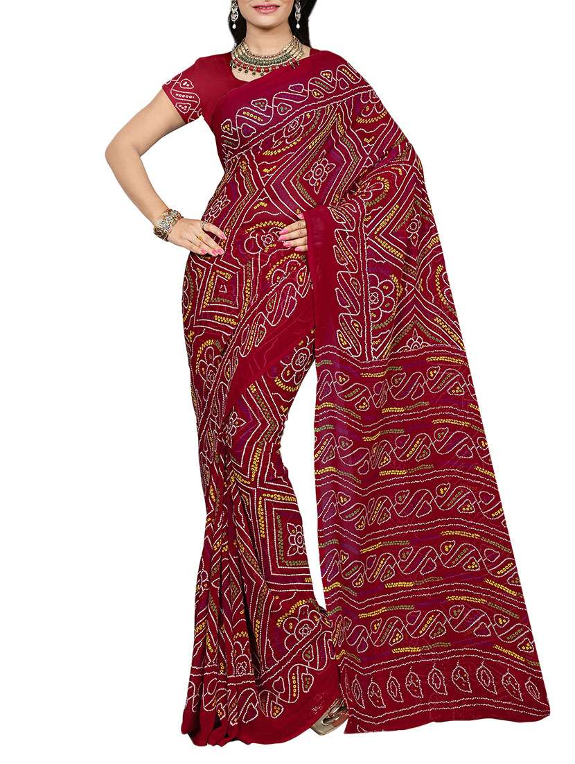 women's tie & dye red colored saree with blouse