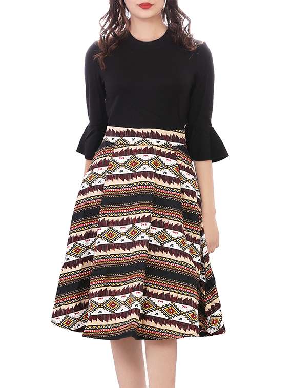 black printed spandex fit & flare dress