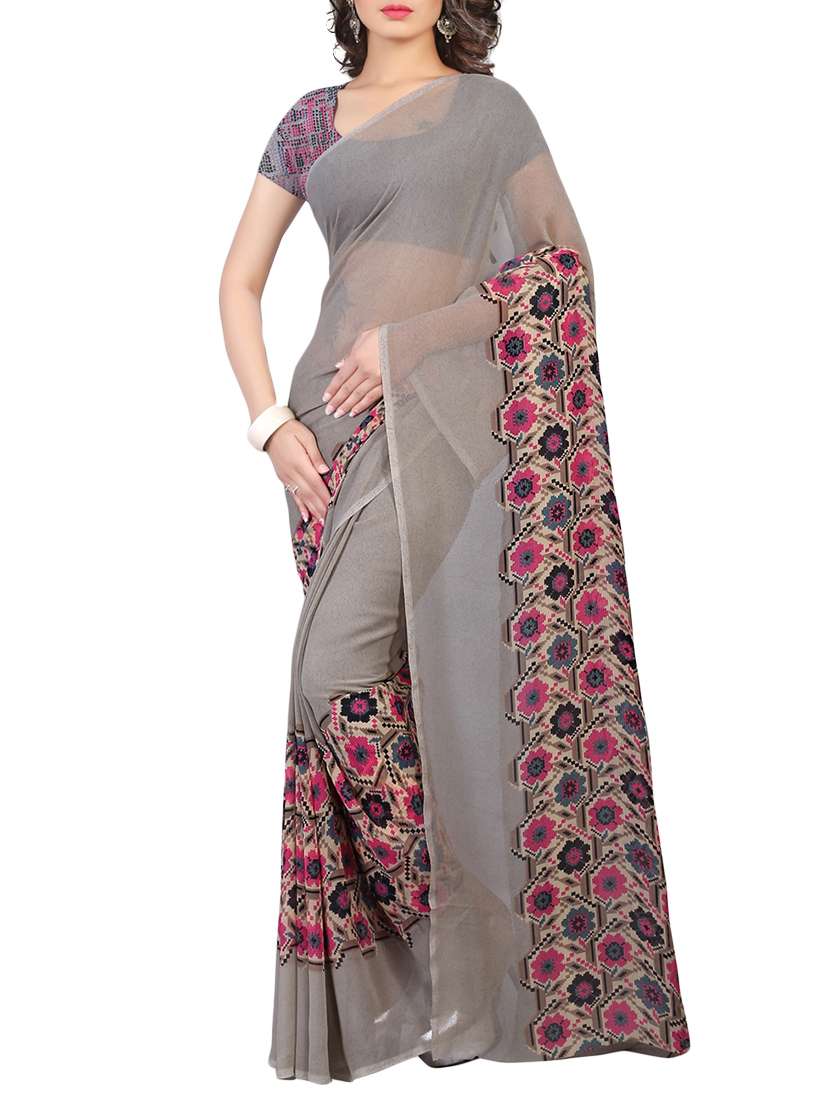 grey printed georgette saree with blouse